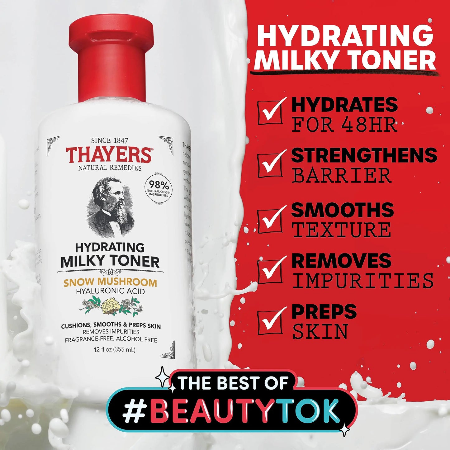 THAYERS Milky Face Toner Skin Care with Snow Mushroom and Hyaluronic Acid