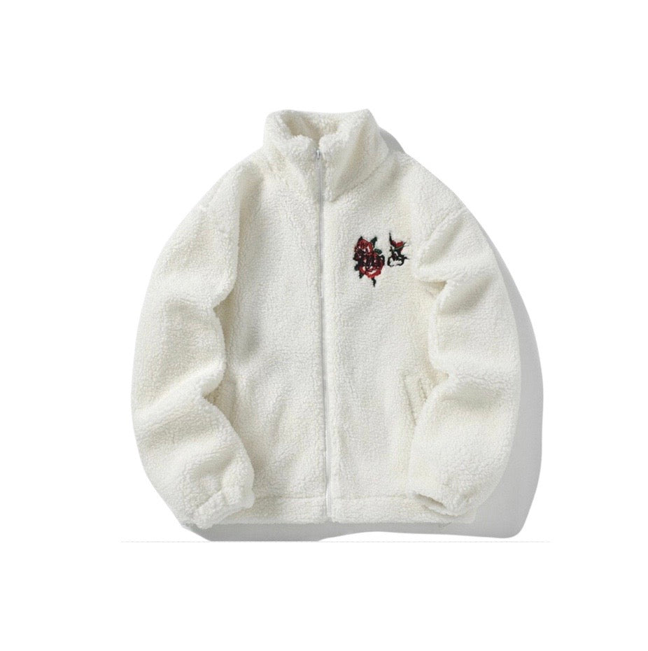 Flower Embroidery Zip Up Thermal Jacket