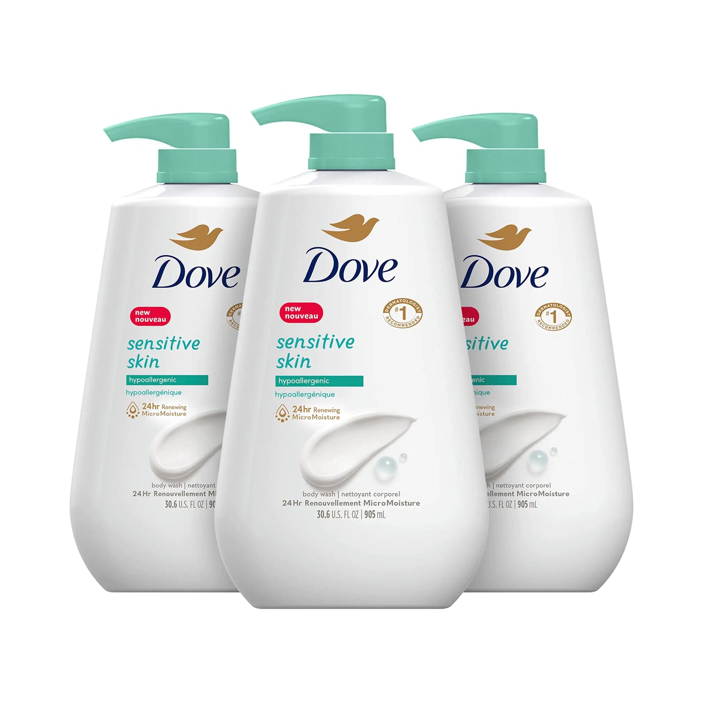 Dove Body Wash 3 Count with Pump Sensitive Skin Hypoallergenic