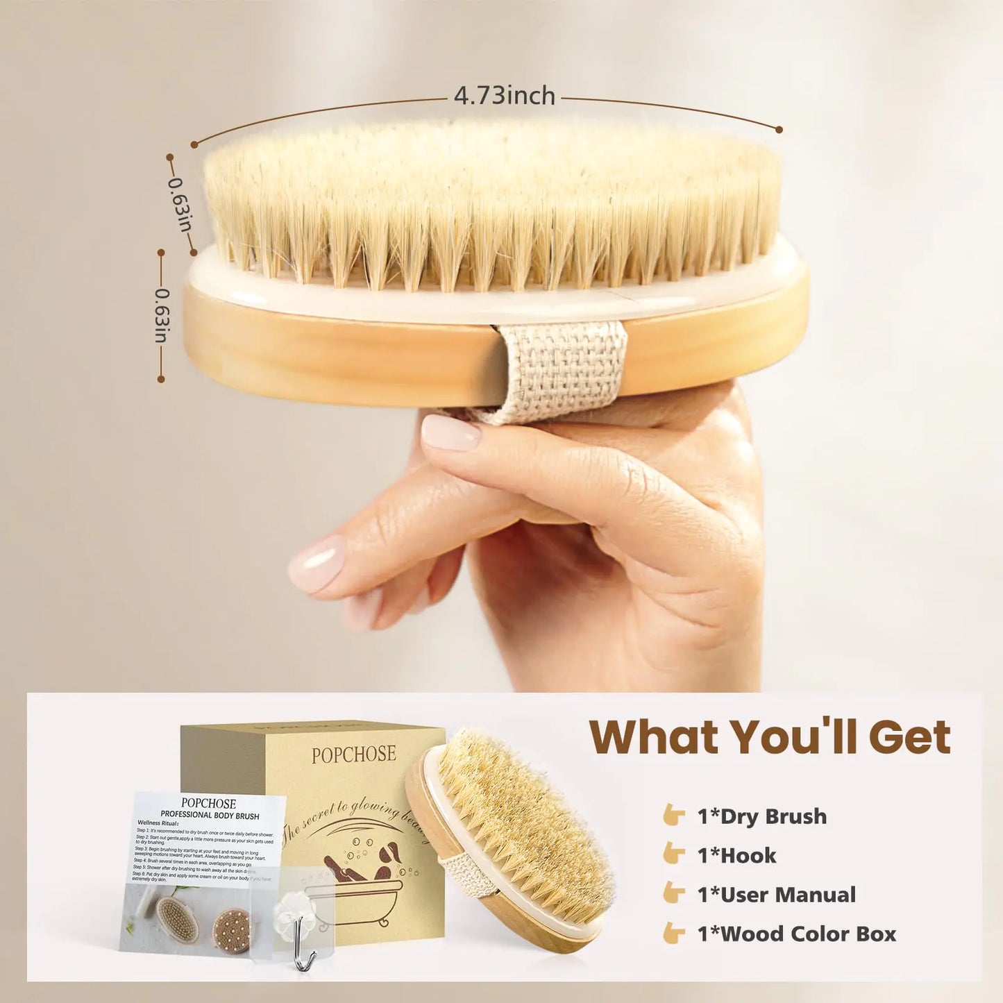 POPCHOSE Dry Brushing Body Brush, Natural Bristle Dry Skin Exfoliating Brush Body Scrub for Flawless Skin, Cellulite Treatment, Lymphatic Drainage and Blood Circulation Improvement 1 Count (Pack of 1)